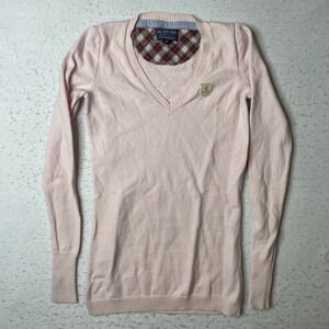 Polo Jeans Co Ralph Lauren Pink V-Neck Sweater XS Crest Logo Long Sleeve Cotton